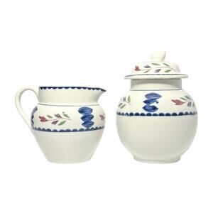 Adams “Lancaster” Pair of Ironstone Creamer 3 3/8” 8oz & Sugar Bowl w/Lid 5 1/8”